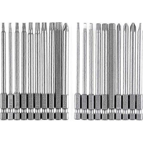 Coffret d'embouts longs, coffret magnétique de 20 pièces de 100 mm, embouts Torx T8-T40, embouts hexagonaux H2-H6, PH1 PH2, PZ2, embout plat, embout hexagonal 1/4 pouce (1/4)