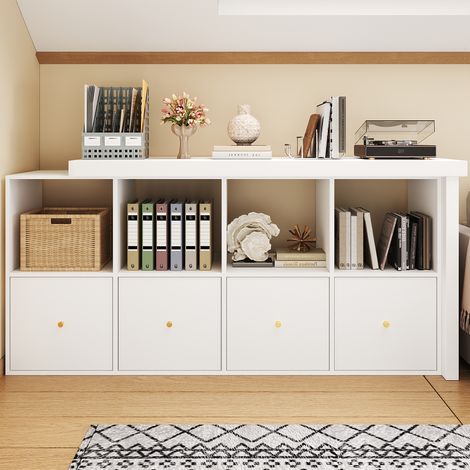 Bureau d'angle blanc, plateau orientable 360° réglable - Forme en L ou droite, MDF renforcé (plateau et pieds 4 cm), 4 casiers + 4 tiroirs, agencement modulable, poste de travail informatique (1/5)