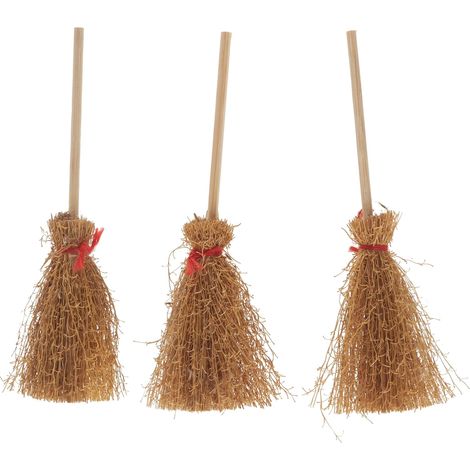 Set mit 3 Miniatur-Besen – Rustikales Holz – DIY-Dekoration und Puppenhäuser – Festliche Szenen für Halloween und Weihnachten – 11 x 3 cm