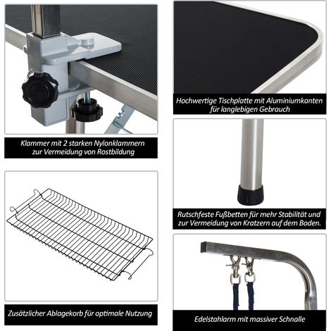 Table de toilettage pour chiens, table de toilettage pliable avec bras réglable en hauteur, sangles, panier en filet, supportant jusqu'à 150 kg, 90 x 60 x 75 cm, noire (1/5)