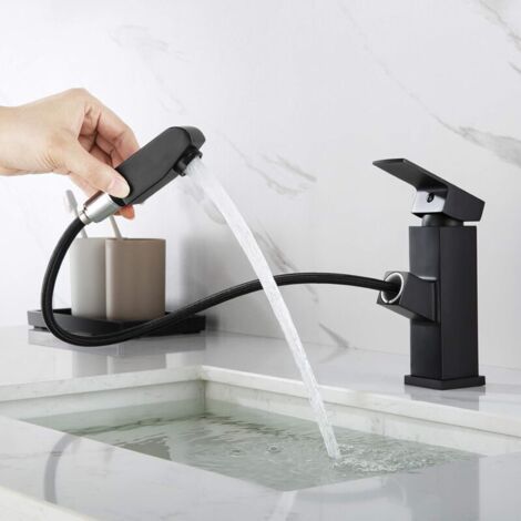 Robinet Mitigeur Lavabo avec Douchette Extractible, Robinet Mitigeur Salle de Bain Noir, Hauteur du Robinet 18mm (1/4)