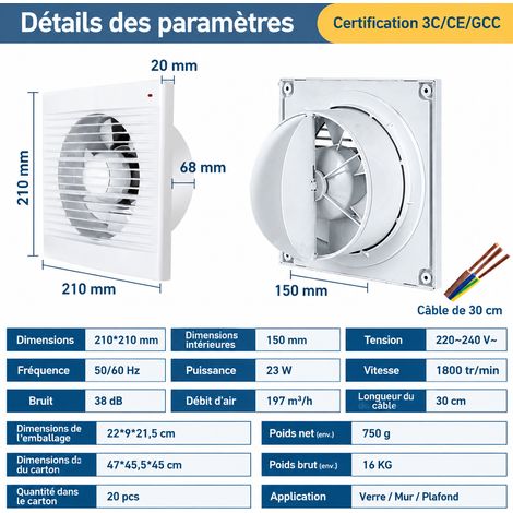 Extracteur d'air silencieux mural et fenêtre 6 pouces 20W avec câble 1,5 m prise UK 500 g 6 1.5 réf 4117 500 g – Livraison gratuite