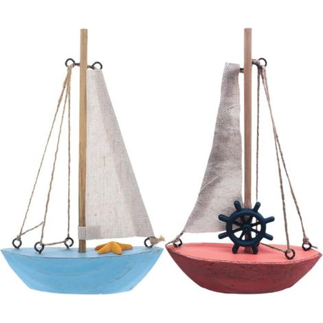 Lot de 2 Maquettes de Bateaux en Bois - Style Méditerranéen - Décoration Intérieure - Bleu et Rouge - 17x11x3 cm (1/5)