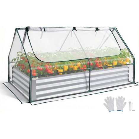 Potager Surélevé Métal avec Bâche de Serre Carré Potager Surélevé 180x90x30 cm Lit de Jardin Rectangulaire pour Culture Légumes Fleurs, Fond Ouvert, Galvanisé Aluminium-zinc, avec Gants, Argenté (1/5)