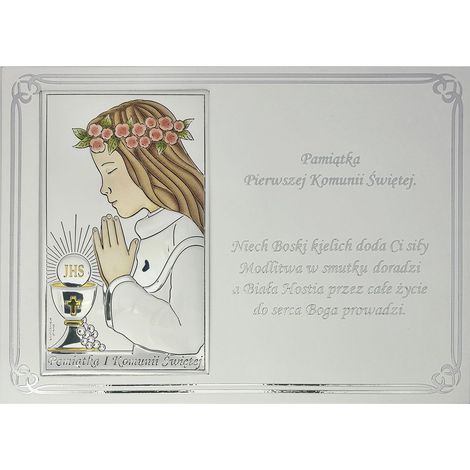 Quadro per la Prima Comunione, argento con incisione, ricordo della prima comunione per una bambina, a colori Dimensioni: 13x18 cm Codice articolo: VL833/4COL/S