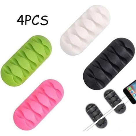 Organisateur de Câble - Clips de Câble - Lot de 4 - Silicone - Adhésif - Noir, Blanc, Rose, Vert (1/4)
