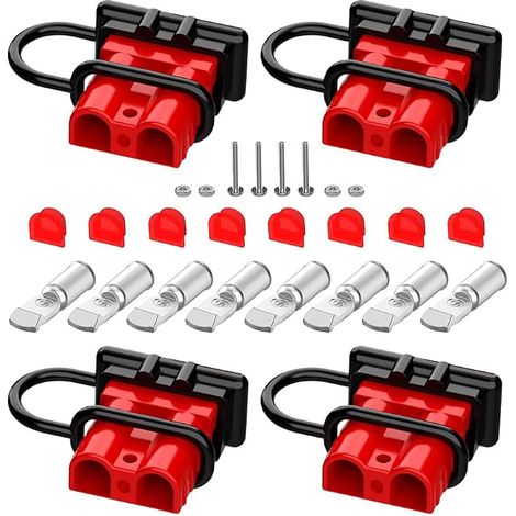 Conectores Anderson de 50 A (paquete de 4), conexión rápida para baterías de calibre 6-12 con tapa antipolvo, 12 V-36 V, kit de cableado para RV, cable de cabrestante de camión, rojo (1/5)