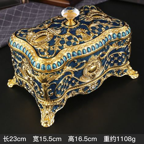 (Grande boîte à bijoux en diamants de style européen, dorée et bleue), coffret de rangement de bijoux luxueux et raffiné. (1/2)