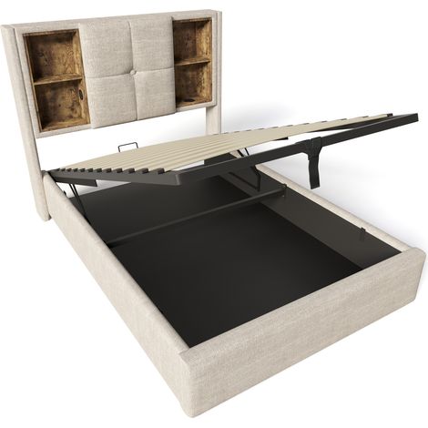 Stauraumbett 90x200 cm aus Naturleinen mit kabelloser Ladefunktion, USB und USB-C (1/5)