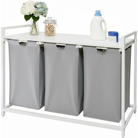 Relaxdays Panier à linge, 3 sacs amovibles, 150 L, tablette aspect bois, H x L x P : 73,5 x 109,5 x 33 cm, gris/blanc