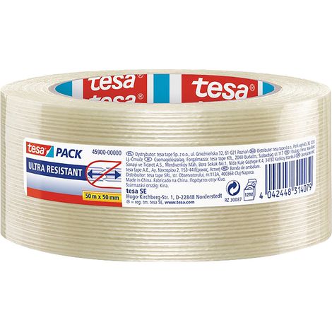 Cinta de filamento de 50 m x 50 mm, cinta de embalaje blanca para paletizar, flejar y asegurar cargas, duradera y resistente.