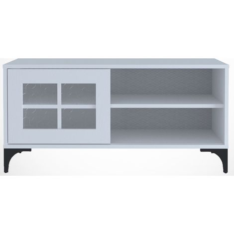 Meuble TV 1 porte coulissante bois blanc Riko 100cm (1/5)
