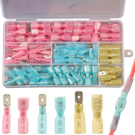 Kit de 112 Cosses Thermorétractables, Cosses électriques à Sertir Mâles et Femelles étanches, Cosse Electrique Plate Connecteurs à Sertir Thermorétractables de Qualité Marine, Bornes électriques (1/5)