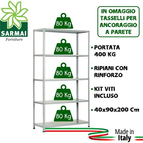 KIT SCAFFALE SCAFFALATURA METALLO 5 RIPIANI CON RINFORZO 90x40x200 GRIGIO 400 Kg (1/2)