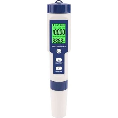 Testeur de sel pour piscines, testeur de sel d'eau de mer numérique 5 en 1, kit de test étanche (IP67) (1/5)