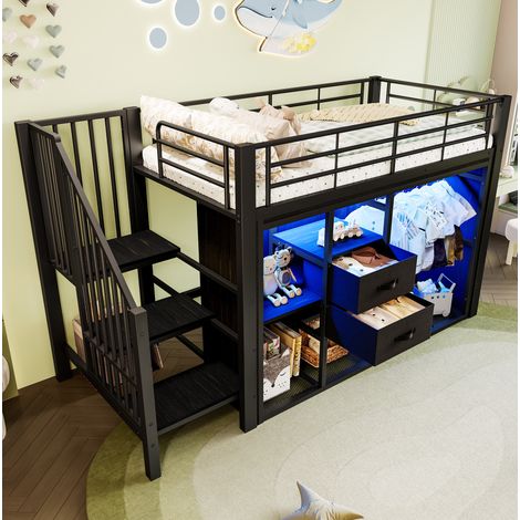 DESVIAE Lit mi haut 90 x 200 cm avec deux tiroirs armoire ouverte bande led multicolore et rangements en metal noir (1/4)