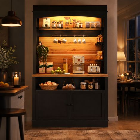 Credenza cucina alta 107x43x184 cm con LED, ripiano aperto e 6 ganci, nera DESVIAE (1/5)