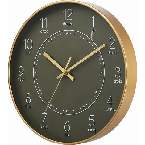 Horloge murale silencieuse à quartz 30 cm cadre or champagne fond vert armée chiffres blancs réf 6337 – Livraison gratuite