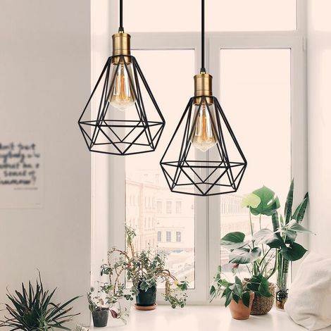 Suspension Luminaire Forme Diamant Vintage Rétro Lustre Industrielle E27 40W Noir (Lot de 2) (1/5)