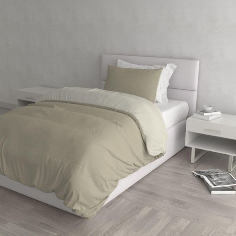 Housse de couette double-face couleur unie avec taies d'oreiller, 100 % Coton, Gris Tourterelle/Crème, single (1/5)