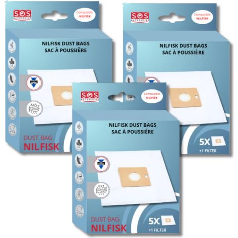 Ersatzteil - SOS Accessoire Lot de 3 boîtes de 5 sacs avec 1 pre filtre COUPE/COMPACT/GO/FORCE pour Aspirateur NILFISK 78602600, 22422400 - - NILFISK, FAKIR