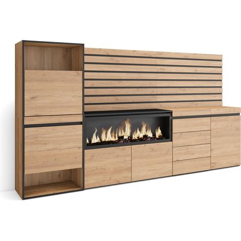 Skraut Home - Zapatero, Armario zapatos botas, 274x145x35 cm, Dormitorio, habitación, Chimenea eléctrica XXL, Cómoda, Cajonera, Listones Decorativos, Estilo Moderno, Roble (1/5)