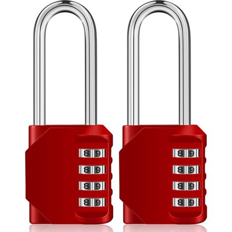 long Cadenas casier code 4 chiffres, grande Cadena a code pour portail, abri de jardin, Serrure à combinaison anse longue pour vestiaire sport, college, scolaire armoire (2 pièces, rouge)