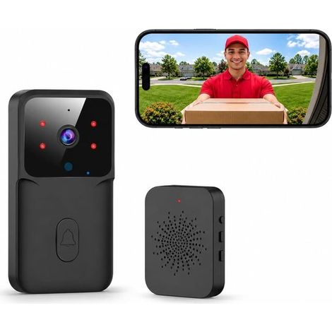 Sonnette sans fil avec caméra - Connexion 150 m - Sonnette intelligente avec récepteur - Audio bidirectionnel, vision nocturne - pour la maison, le bureau, l'htel - Noir - 1 pièce (1/5)
