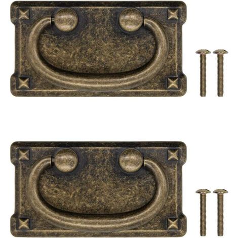 Lot de 2 poignées de tiroir anciennes pliables, design en fer bronze, pour portes coulissantes, commodes, cuisines, buffets, coffres, etc. vintage maison de campagne rétro (1/5)