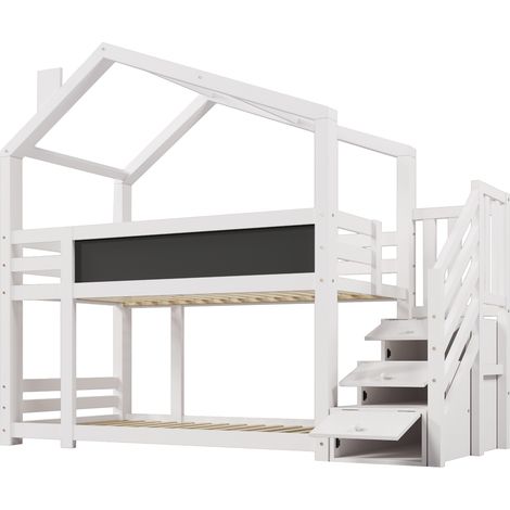 Lit Superposé 2 Places avec Escalier de Rangement, Tableau et Barrières, 90 x 200 cm, sans Matelas, Blanc (1/5)