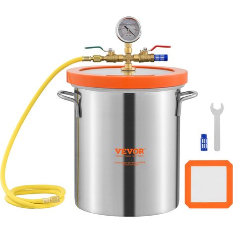VEVOR Camera a Vuoto da 19 Litri con Coperchio in Vetro Temperato 5 Gal Secchio Sottovuoto in Acciaio Inox 304 Camera di Degasaggio Contenitore Vuoto per Degasazione Stabile di Legno Resina Siliconica (1/5)