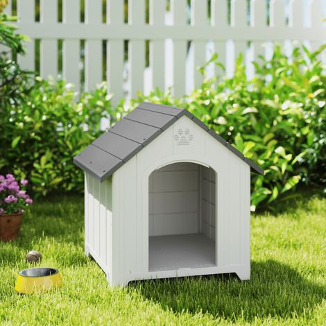 Niche pour chien extérieur, maison chien en polypropylène imperméable, ventilé, plancher surélevé, gris clair (1/5)