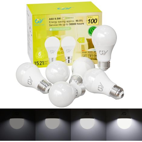 Ampoule LED E27 Dimmable, 9.5W Équivalent 100W, Blanc Froid 6500K 1521LM, Ampoule Edison A60 Classe C, Compatible avec Variateur de Lumière, Lot de 6 (1/5)