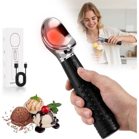 Cuillère à glace chauffante à 3 niveaux de température, rechargeable en alliage de zinc, avec affichage LED, idéale pour les glaces, les sorbets et les gelatos. (1/5)