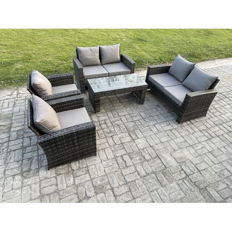 Fimous 6 Seater Dark Grey Mixed High Back Rattan Sofa Set Coffee Table Garden Furniture Outdoor Patio With Love Sofa Arm Chairs (1/5)