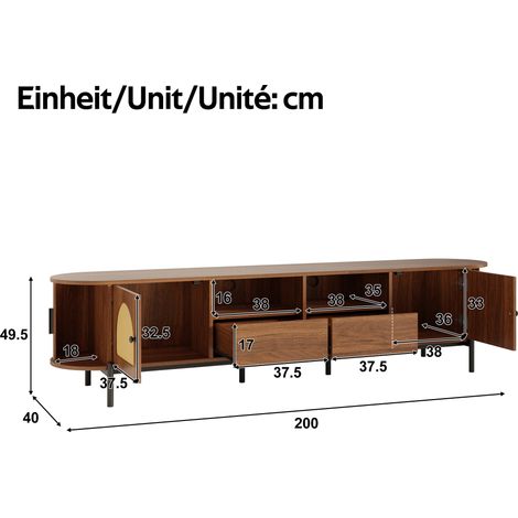 Ovaler TV-Schrank 200 x 40 x 49,5 cm aus MDF, Nussbaum, Mehrzonen-Stauraum – MEUBLIV (1/5)