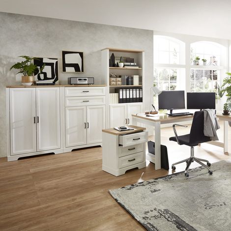 Büromöbel Set mit Aktenschrank und Schreibtisch JÜLICH-36 in Pinie hell mit Artisan Eiche Nb. (1/5)