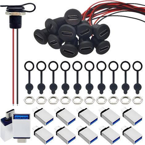 Câble montage panneau femelle type C avec capuchon étanche et queue cochon à 2 conducteurs connecteur, 10 ensembles câbles d'extension USB C avec adaptateurs (pour chargement uniquement) (1/5)