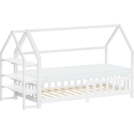 ML-Design Letto a Casetta 90x200 cm per Bambini, Bianco, in Legno di Pino, con Materasso 10 cm, Protezione Anticaduta e Libreria Integrata, Tetto e Rete a Doghe, Letto a Terra Style Montessori