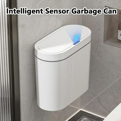 Smart wall-mounted trash can with infrared induction lid, fast-response sensor, battery operated, white (1/5)