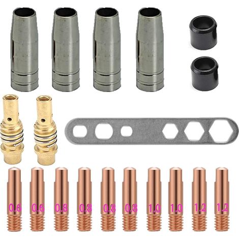Équipement pour soudage MIG, Support de Pointes de Contact de Buses, 19PCS Kit d'Accessoires pour Torche de Soudage (4 Buse, 10 Tube-contact M6, 2 Connecteur, 2 Isolant, 1 Outil), adapté au MIG MB15 (1/5)