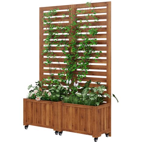 Pot fleurs extérieur bois massif marron avec treillis et roulettes pliables, bac plantes grimpantes jardin cour terrasse (1/5)