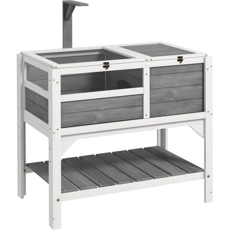 Maison pour Tortues sur Pieds à 2 Zones - Terrarium Tortue terrestre avec Toit ouvrant et Zone Interactive - enclos 103 cm, Support Lampe, Vue panoramique et étagère - Gris (1/5)