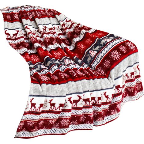 Plaid De Noël - Flanelle Imprimée Renne Flocon De Neige - 70 x 100 cm - Pour Canapé Lit Décoration Hivernale - 1 Pièce (1/4)