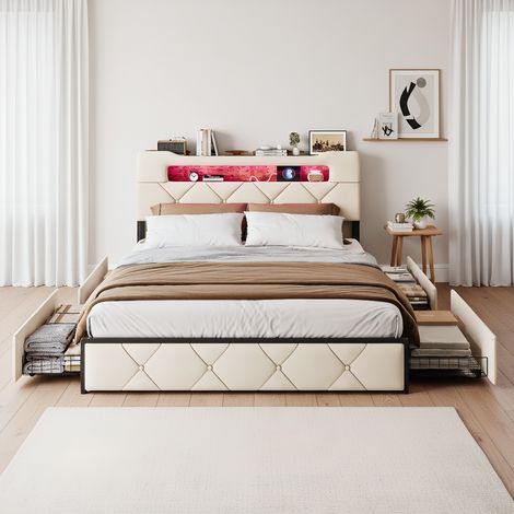 Polsterbett 160x200 cm, Doppelbett mit LED-Beleuchtung und USB-Ladestation, Modernes Jugendbett mit Stauraum, Bettgestell mit Kopfteil und Lattenrost, Velour Beige, Ohne Matratze