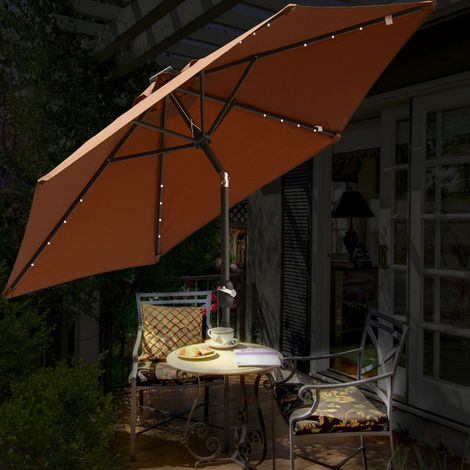 Patio Garden Parasol LED Lights Sun Shade Round Umbrella with Crank Tilt 2.5M Coffee (1/5)