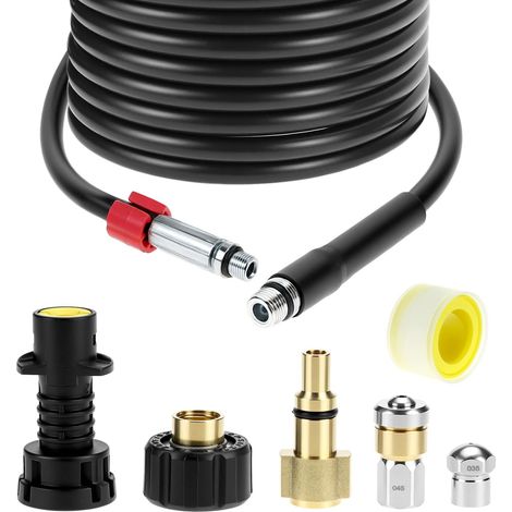 Pressure Washer Drain Cleaner Hose Kit (15m, 180bar/2600PSI) - Compatible with K2/ K3/ K4/ K5/ K6/ K7/ HD/ HDS, Includes Fixed Nozzle and Rotary Nozzle (1/5)