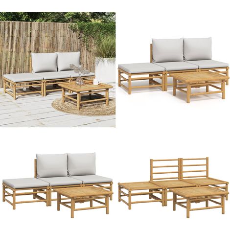 4-tlg. Garten-Lounge-Set mit Hellgrauen Kissen Bambus - Bambusmöbel - Gartenmöbel (1/5)