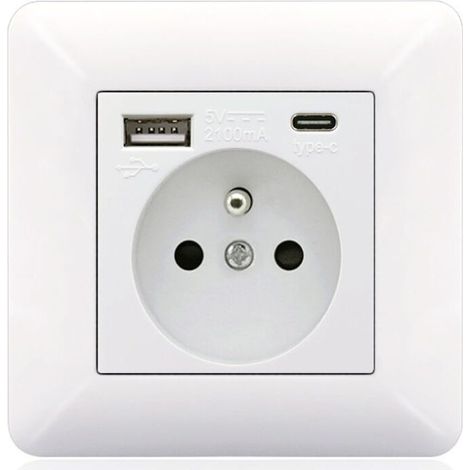 Panneau de prises Type-C et USB 16A – 2 prises – 1 port USB – 1 port Type-C – Installation horizontale ou verticale – Design moderne blanc (1/5)