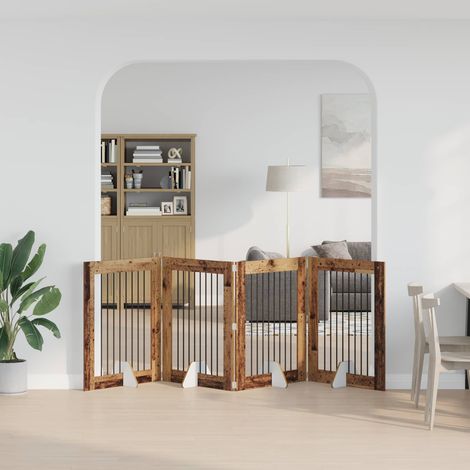 Cancello per cani pieghevole con supporti 4 pz Legno antico vidaXL